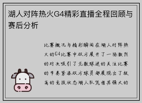 湖人对阵热火G4精彩直播全程回顾与赛后分析